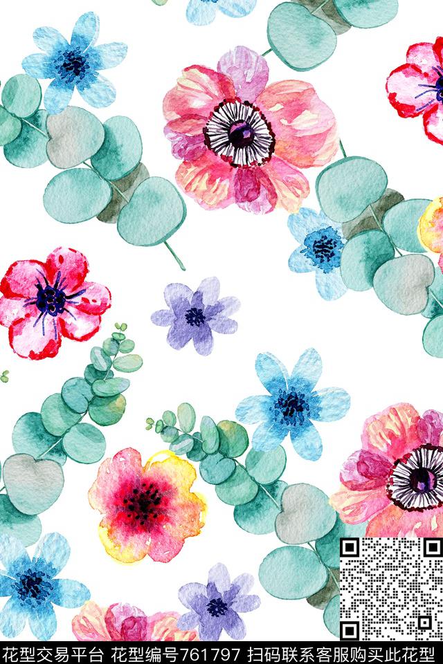 花卉水彩叶子数码印花华亿平台下载（图片编号: 761797） - 瓦栏（Walan）