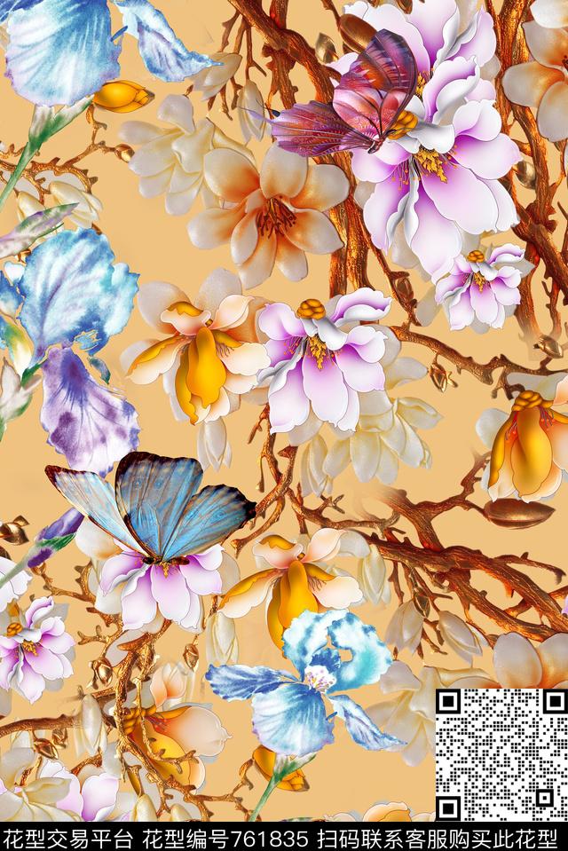 大花玉兰花蝴蝶数码印花华亿平台下载（图片编号: 761835） - 瓦栏（Walan）