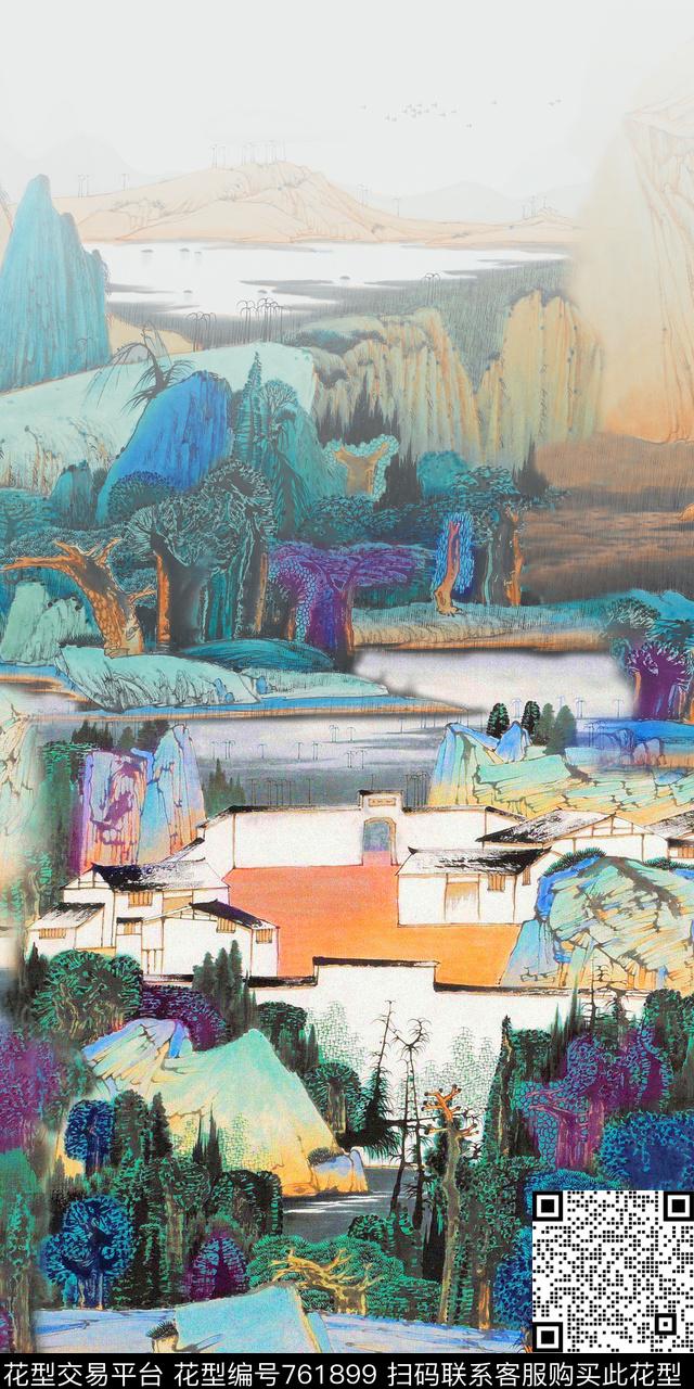风景中国风国画数码印花华亿平台下载（图片编号: 761899） - 瓦栏（Walan）