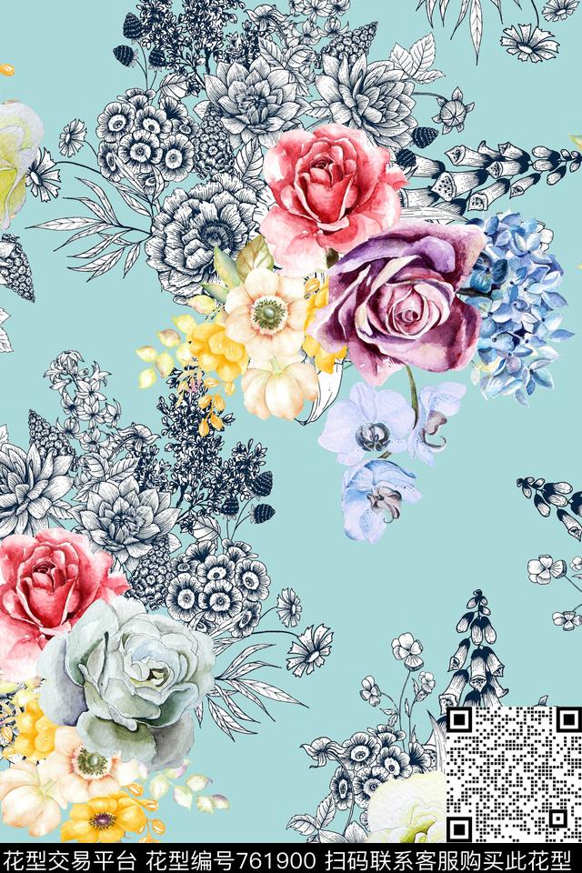 花朵花卉线描数码印花华亿平台下载（图片编号: 761900） - 瓦栏（Walan）