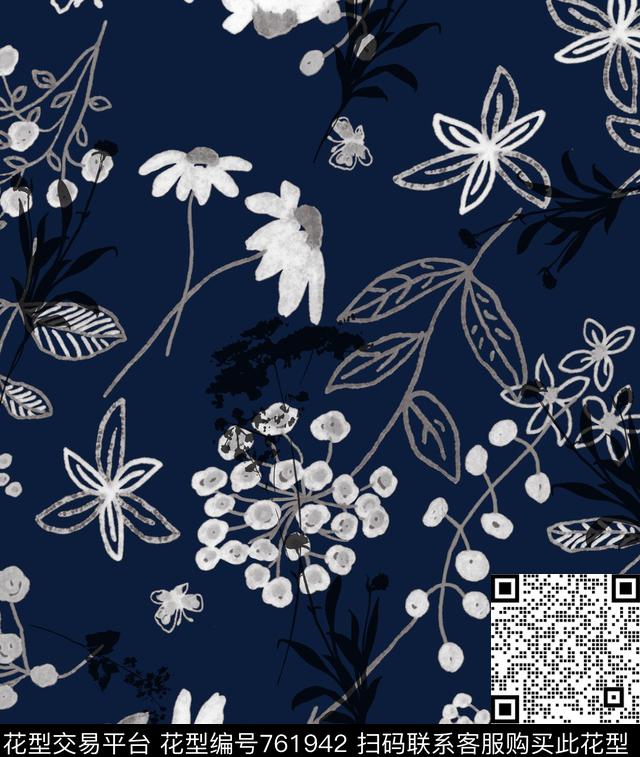 手绘花卉花枝数码印花华亿平台下载（图片编号: 761942） - 瓦栏（Walan）