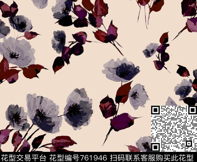 水彩花卉花影时尚数码印花华亿平台下载（图片编号: 761946） - 瓦栏（Walan）