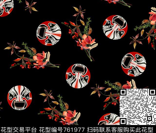 脸谱手绘花卉数码印花华亿平台下载（图片编号: 761977） - 瓦栏（Walan）