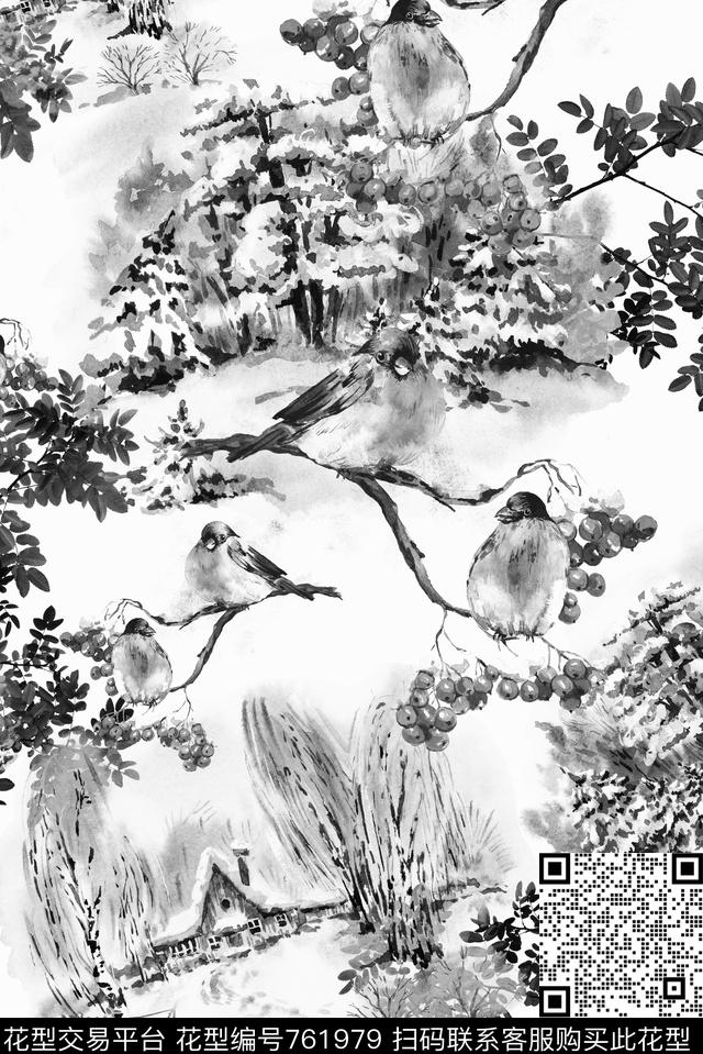 手绘黑白素描数码印花华亿平台下载（图片编号: 761979） - 瓦栏（Walan）