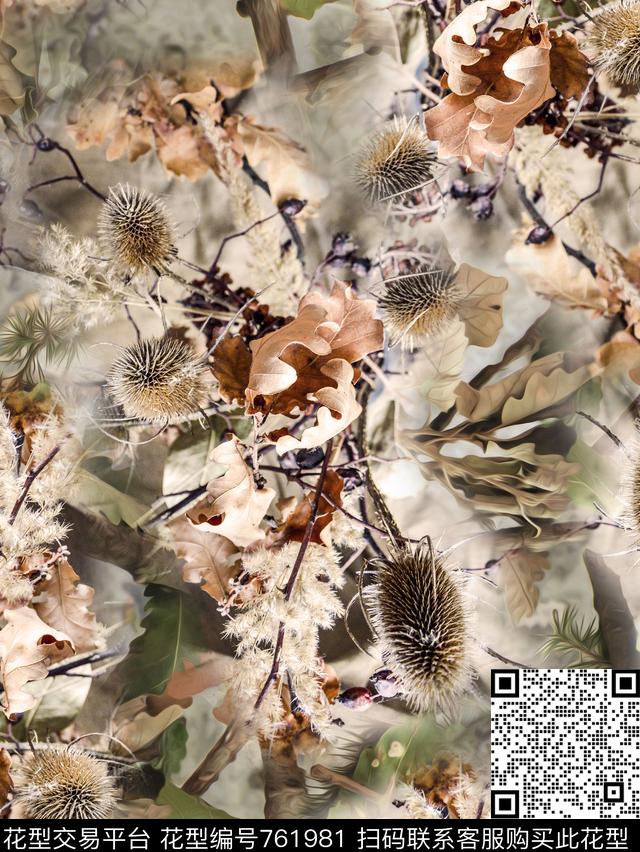 手绘树林枯叶数码印花华亿平台下载（图片编号: 761981） - 瓦栏（Walan）