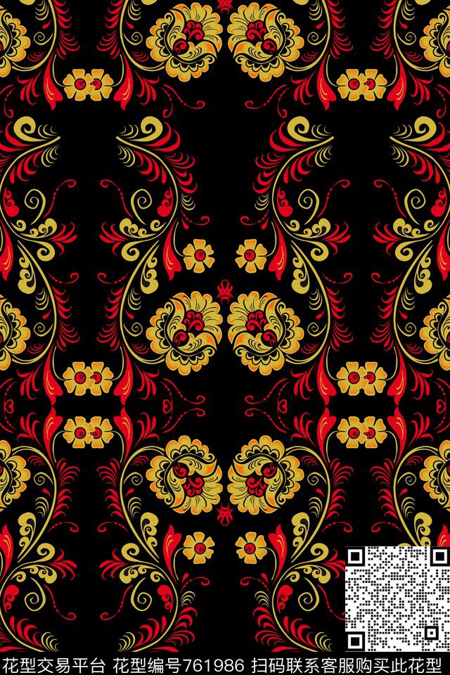 大花花朵传统印花华亿平台下载（图片编号: 761986） - 瓦栏（Walan）