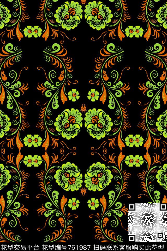 大花花朵传统印花华亿平台下载（图片编号: 761987） - 瓦栏（Walan）