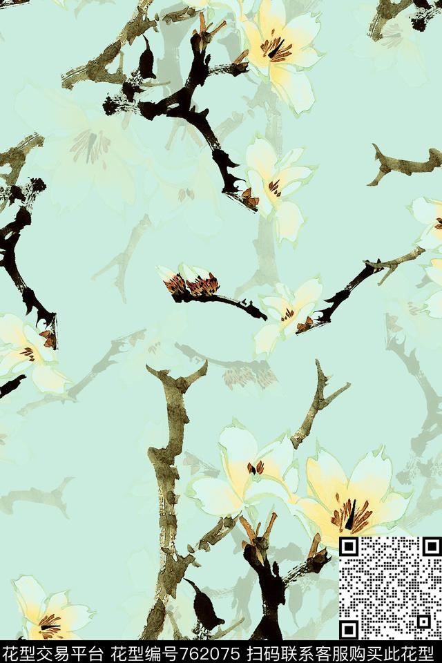 工笔画玉兰花树枝数码印花华亿平台下载（图片编号: 762075） - 瓦栏（Walan）
