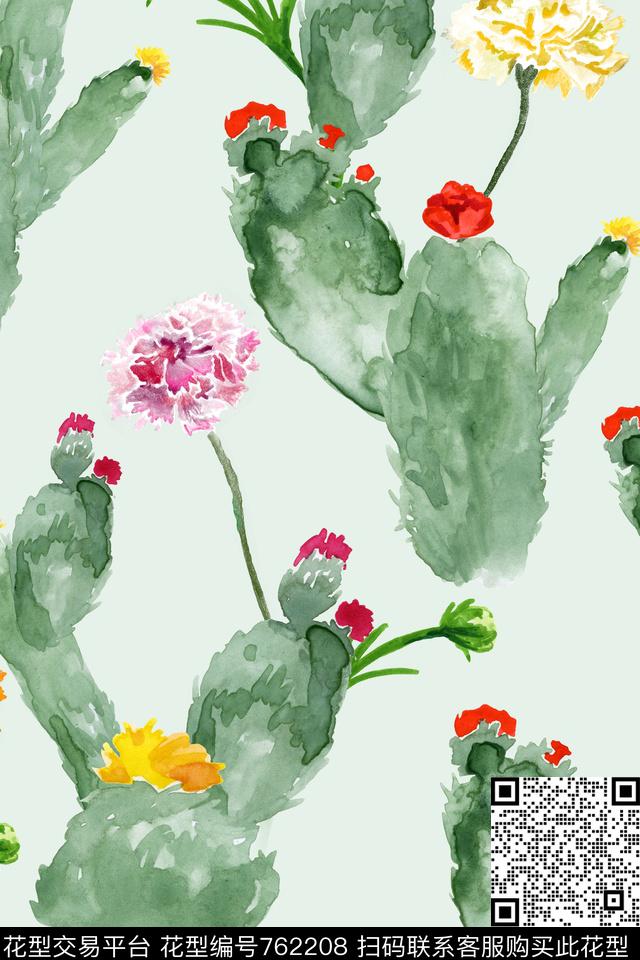 热带手绘仙人掌数码印花华亿平台下载（图片编号: 762208） - 瓦栏（Walan）