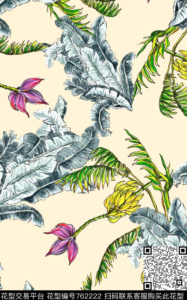 兰花花朵叶子数码印花华亿平台下载（图片编号: 762222） - 瓦栏（Walan）