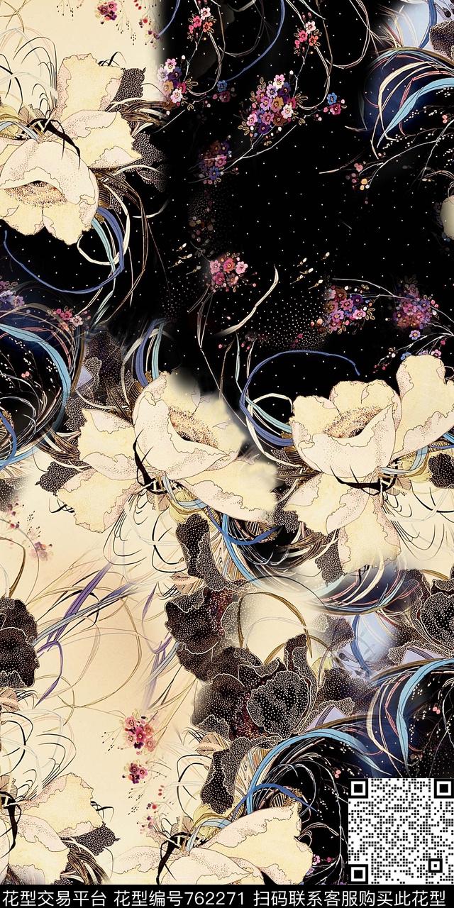 手绘花卉复古数码印花华亿平台下载（图片编号: 762271） - 瓦栏（Walan）