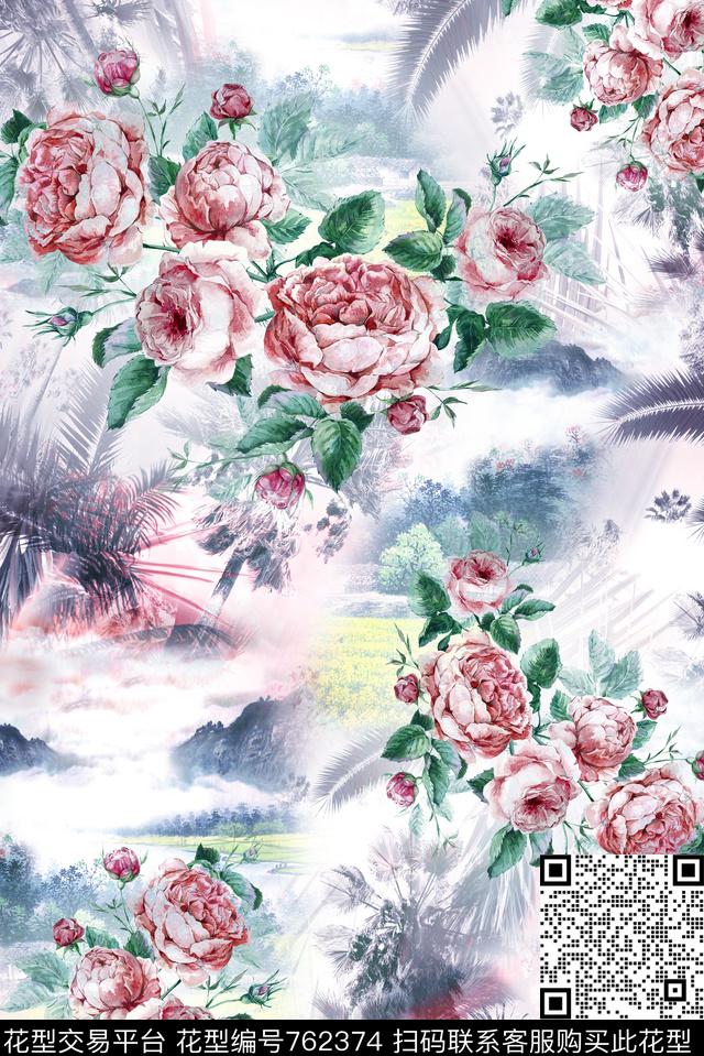 玫瑰风景魔幻数码印花华亿平台下载（图片编号: 762374） - 瓦栏（Walan）