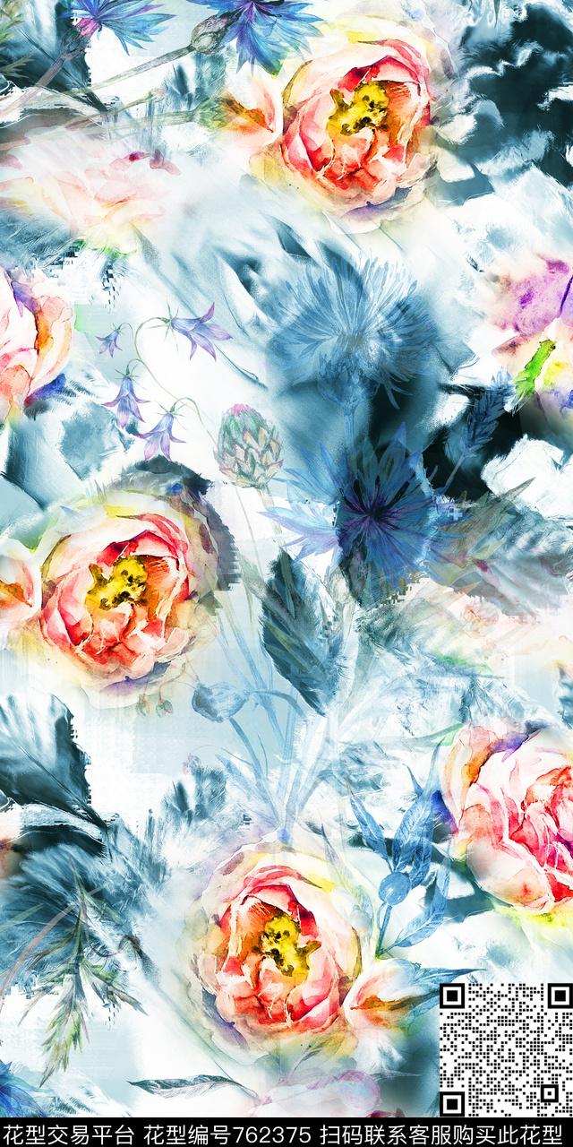 泼墨玫瑰水墨数码印花华亿平台下载（图片编号: 762375） - 瓦栏（Walan）