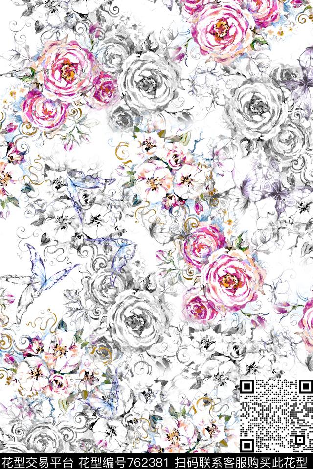蝴蝶玫瑰素描数码印花华亿平台下载（图片编号: 762381） - 瓦栏（Walan）