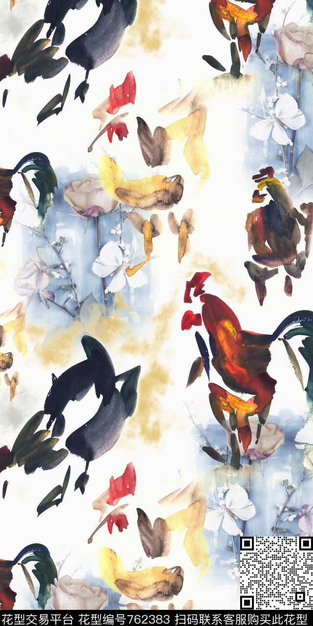抽象鸡玫瑰数码印花华亿平台下载（图片编号: 762383） - 瓦栏（Walan）