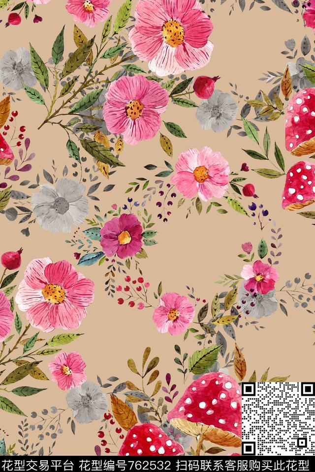 水彩手绘花卉叶子数码印花华亿平台下载（图片编号: 762532） - 瓦栏（Walan）