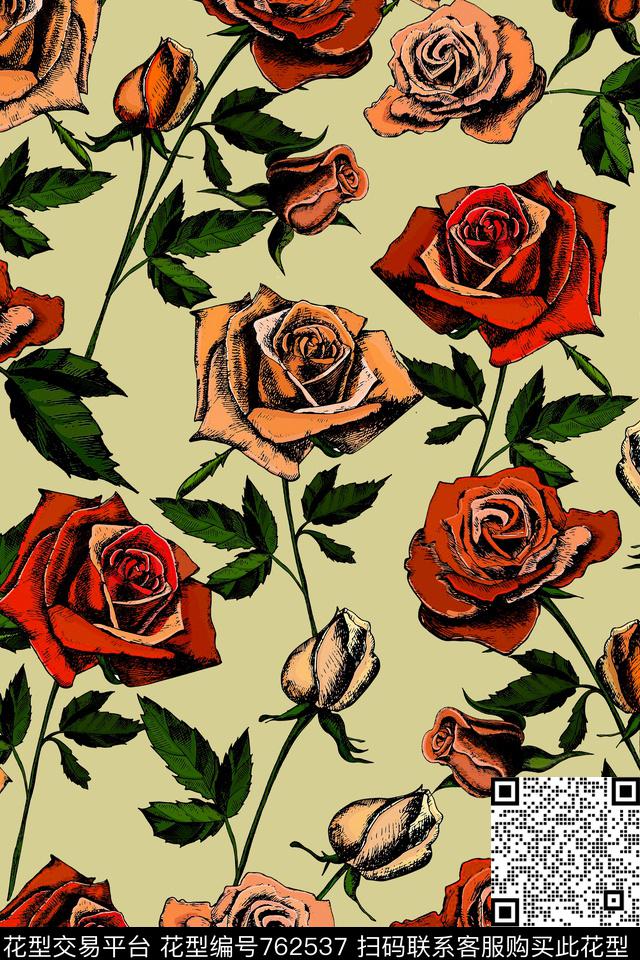 油画花卉线描玫瑰花数码印花华亿平台下载（图片编号: 762537） - 瓦栏（Walan）