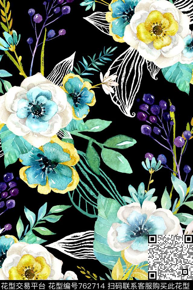 花朵花卉水彩数码印花华亿平台下载（图片编号: 762714） - 瓦栏（Walan）