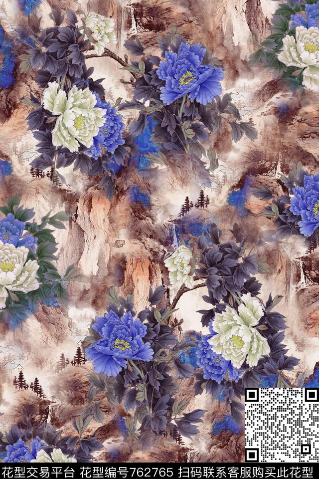 中国风山水古亭数码印花华亿平台下载（图片编号: 762765） - 瓦栏（Walan）