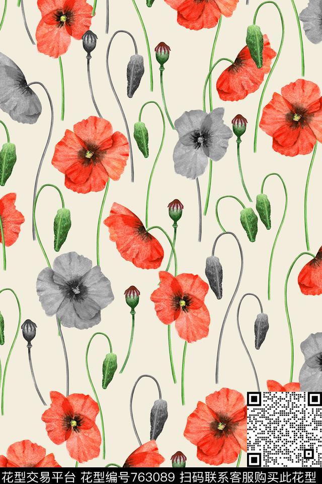 手绘花卉乱花黑白花数码印花华亿平台下载（图片编号: 763089） - 瓦栏（Walan）