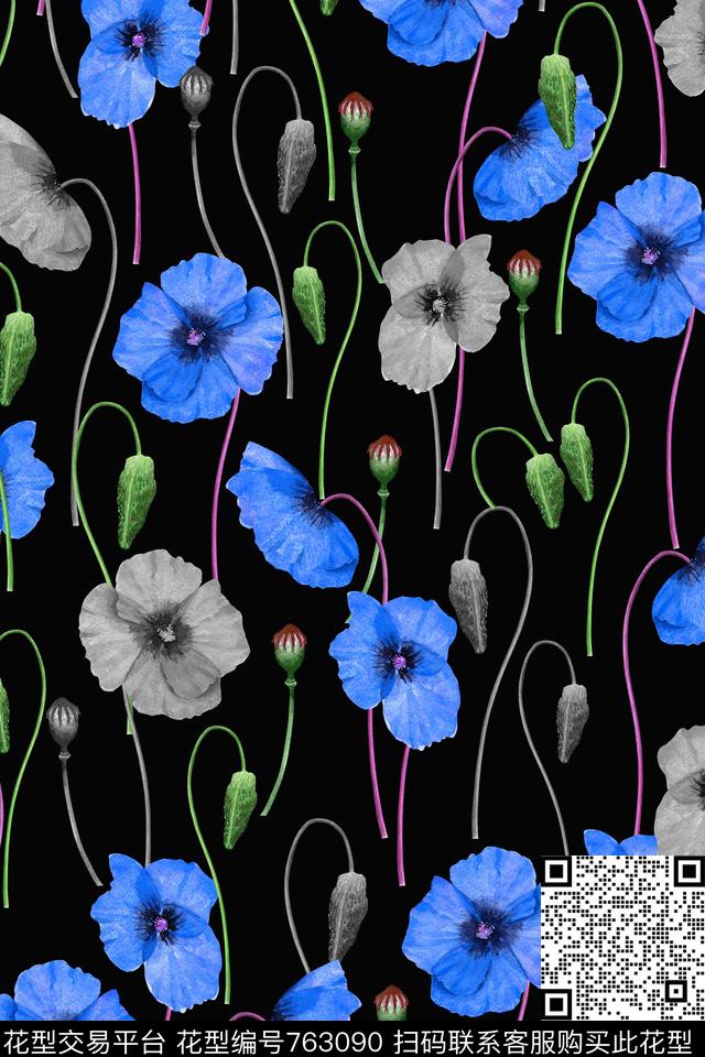手绘花卉乱花黑白花数码印花华亿平台下载（图片编号: 763090） - 瓦栏（Walan）