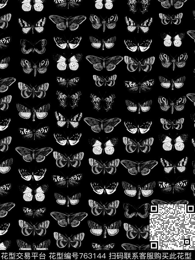 蝴蝶黑白潮牌传统印花华亿平台下载（图片编号: 763144） - 瓦栏（Walan）