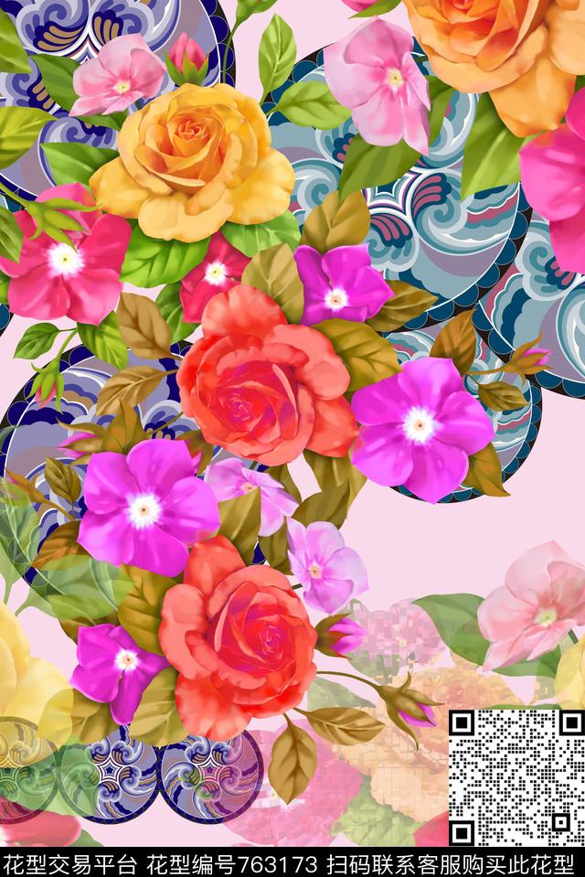 大花花朵花卉数码印花华亿平台下载（图片编号: 763173） - 瓦栏（Walan）