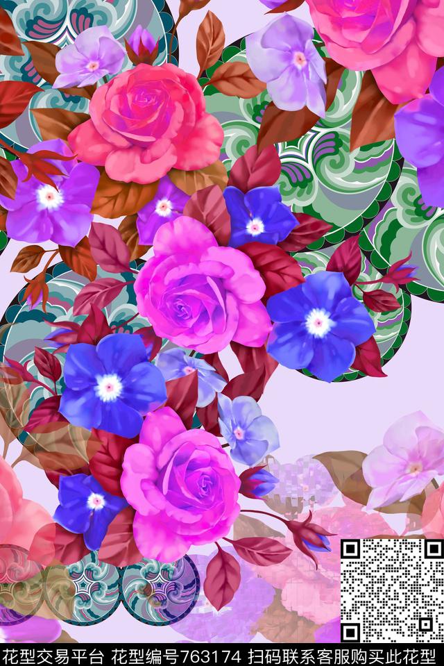 大花花朵花卉数码印花华亿平台下载（图片编号: 763174） - 瓦栏（Walan）