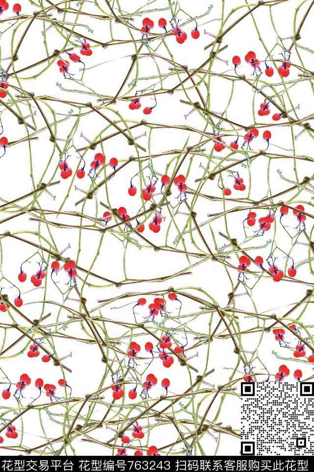 植物红果简素数码印花华亿平台下载（图片编号: 763243） - 瓦栏（Walan）