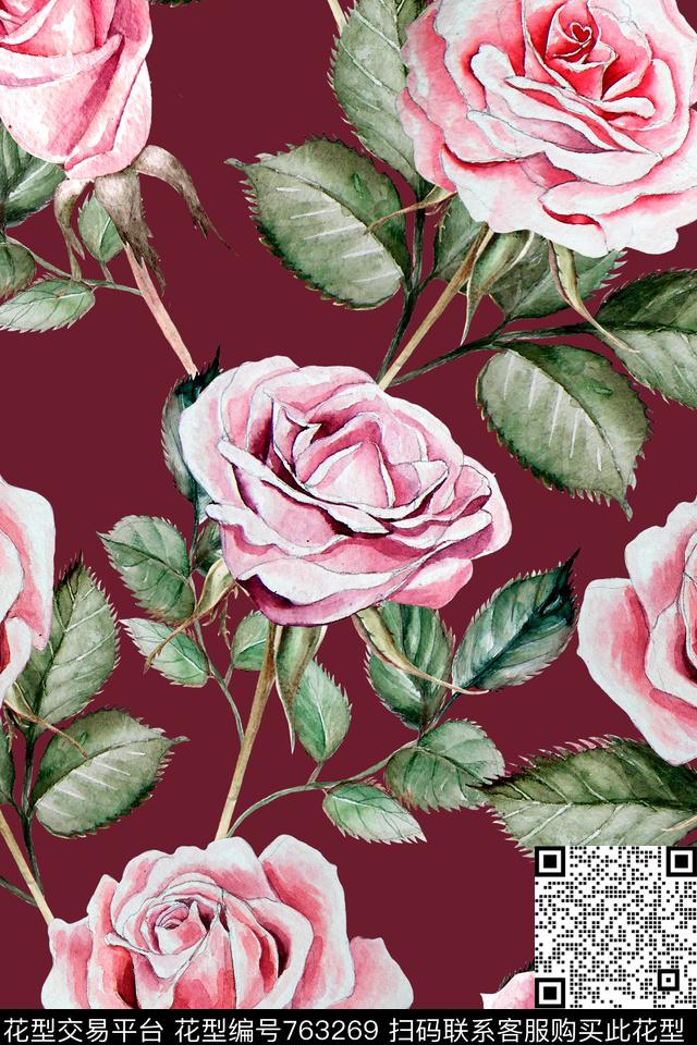 水彩花卉玫瑰数码印花华亿平台下载（图片编号: 763269） - 瓦栏（Walan）