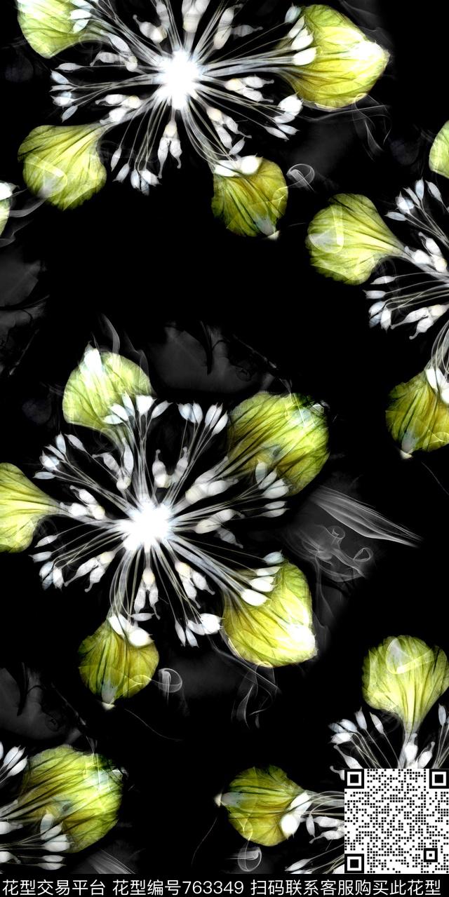 抽象花朵现代清新线条数码印花华亿平台下载（图片编号: 763349） - 瓦栏（Walan）