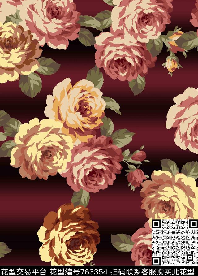 丝巾女装家纺花卉渐变传统印花华亿平台下载（图片编号: 763354） - 瓦栏（Walan）