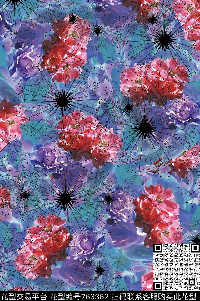 蓝色牵牛花花朵数码印花华亿平台下载（图片编号: 763362） - 瓦栏（Walan）