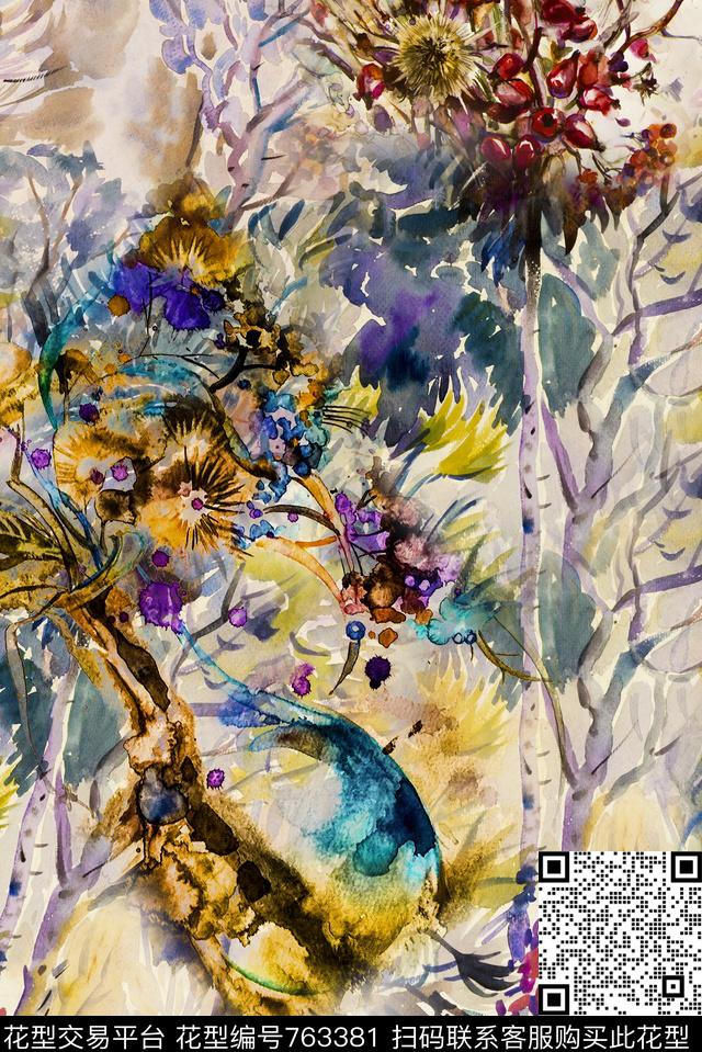 抽象水墨花卉数码印花华亿平台下载（图片编号: 763381） - 瓦栏（Walan）