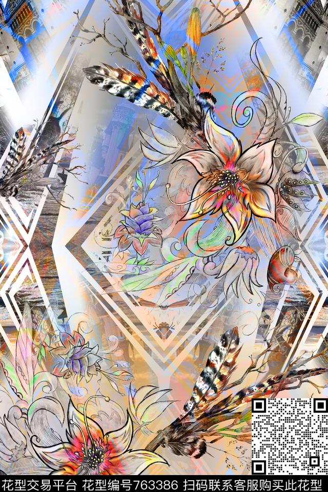 数码手绘羽毛数码印花华亿平台下载（图片编号: 763386） - 瓦栏（Walan）