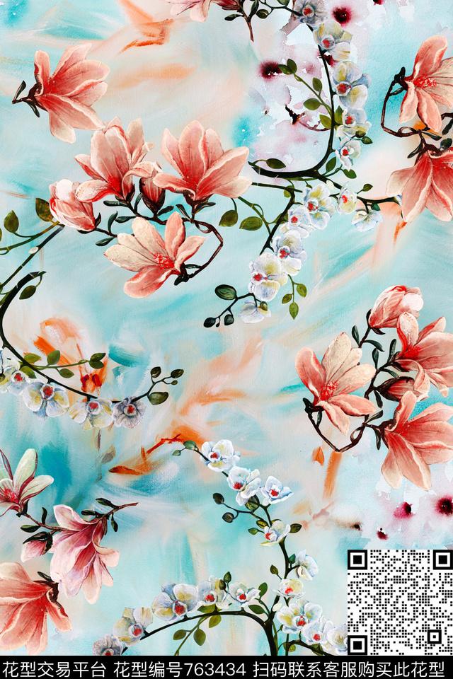 油画小花树枝。数码印花华亿平台下载（图片编号: 763434） - 瓦栏（Walan）