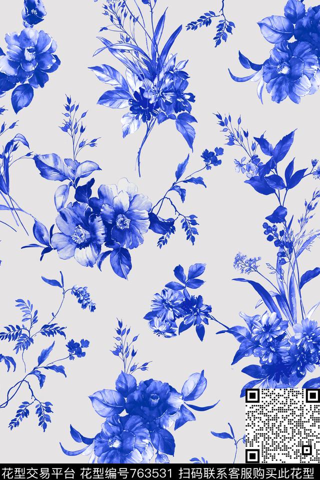 花卉单色水彩传统印花华亿平台下载（图片编号: 763531） - 瓦栏（Walan）