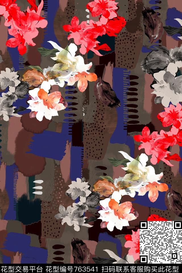 玫瑰花朵几何数码印花华亿平台下载（图片编号: 763541） - 瓦栏（Walan）