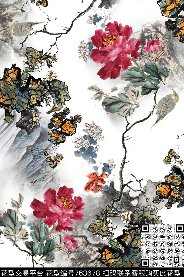 工笔牡丹中国风水墨数码印花华亿平台下载（图片编号: 763678） - 瓦栏（Walan）