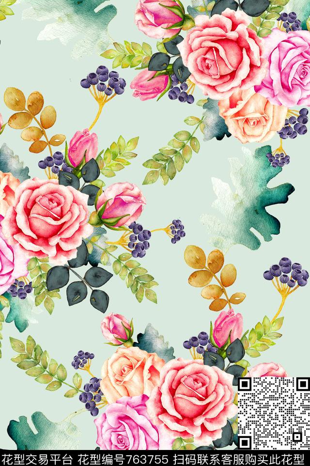 时尚手绘水彩数码印花华亿平台下载（图片编号: 763755） - 瓦栏（Walan）