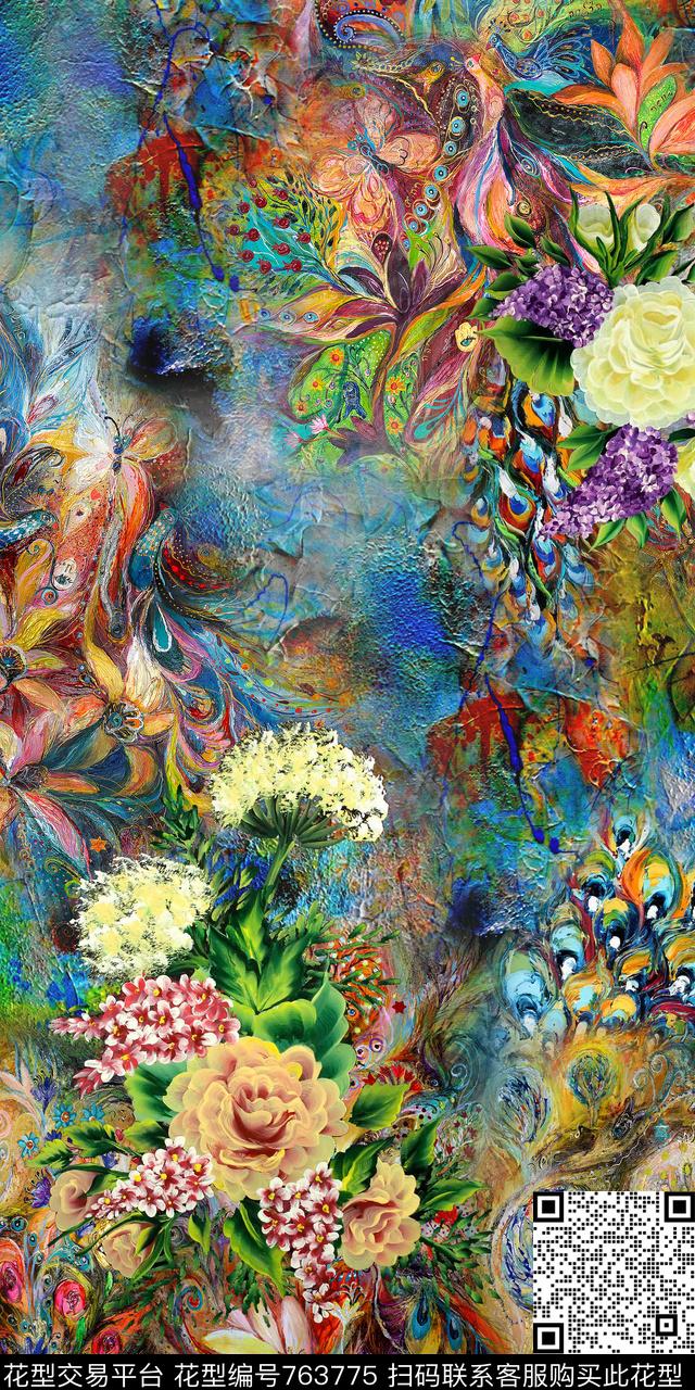 孔雀油画花卉数码印花华亿平台下载（图片编号: 763775） - 瓦栏（Walan）