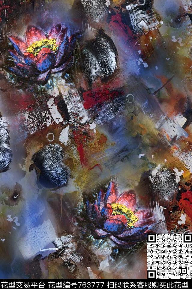 油画肌理荷花数码印花华亿平台下载（图片编号: 763777） - 瓦栏（Walan）