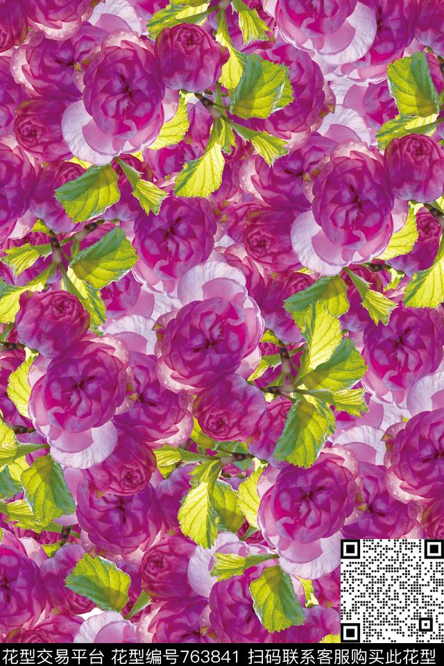 娇艳绿叶花朵数码印花华亿平台下载（图片编号: 763841） - 瓦栏（Walan）