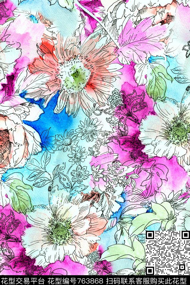 花卉速写水彩传统印花华亿平台下载（图片编号: 763868） - 瓦栏（Walan）