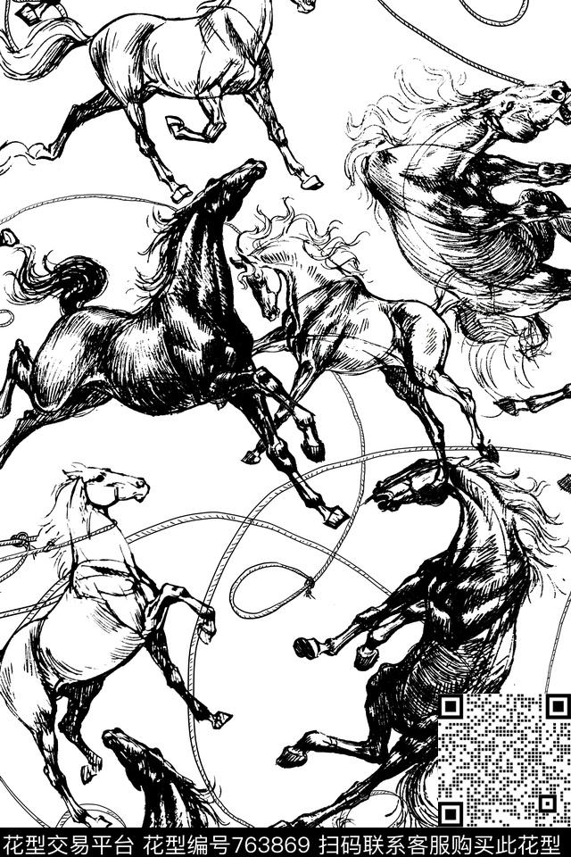黑白动物马传统印花华亿平台下载（图片编号: 763869） - 瓦栏（Walan）