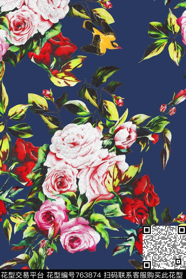 油画花卉玫瑰数码印花华亿平台下载（图片编号: 763874） - 瓦栏（Walan）