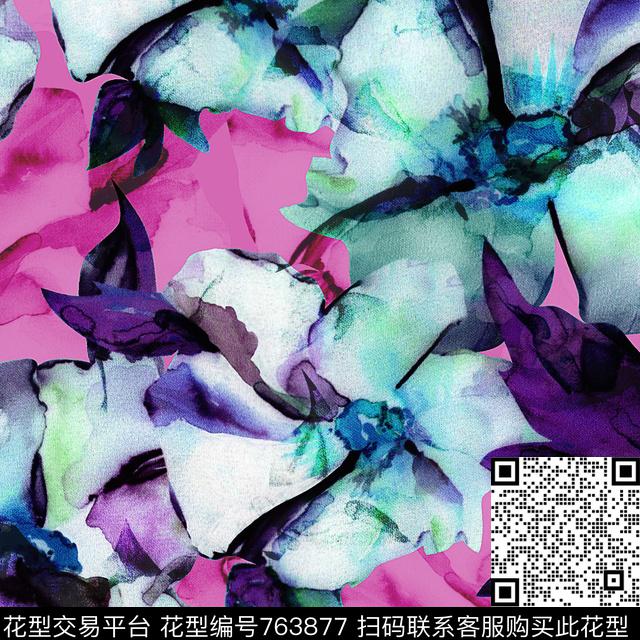 水彩花卉大花数码印花华亿平台下载（图片编号: 763877） - 瓦栏（Walan）