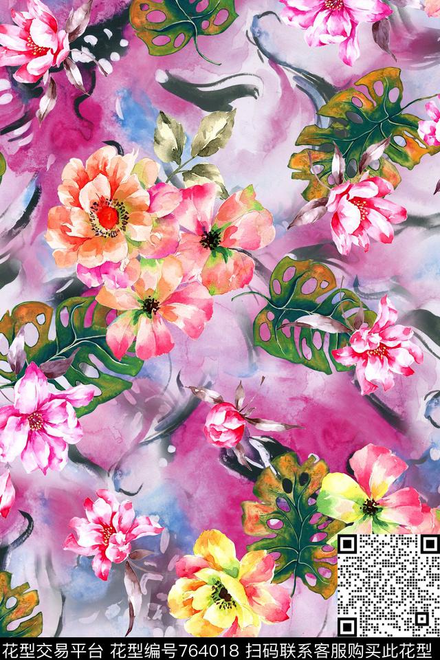 花卉水彩朦胧数码印花华亿平台下载（图片编号: 764018） - 瓦栏（Walan）