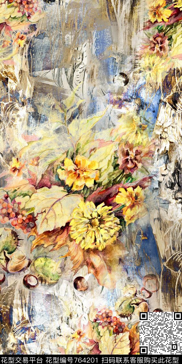 复古花卉肌理数码印花华亿平台下载（图片编号: 764201） - 瓦栏（Walan）
