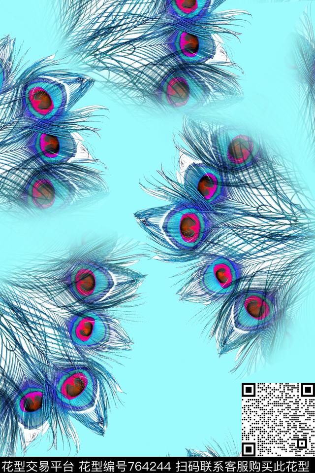 孔雀羽毛趣味数码印花华亿平台下载（图片编号: 764244） - 瓦栏（Walan）